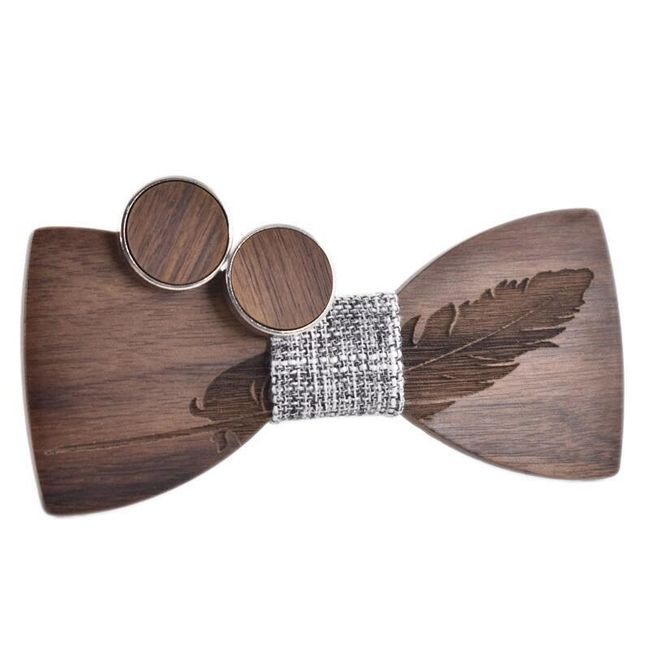 Дървена папийонка с перо + копчета за ръкавели - различни цветове 1
