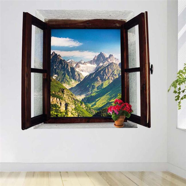 Naklejka 3D - okno z widokiem na góry 1