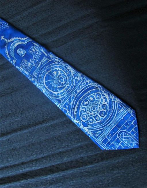 Kézzel festett selyem nyakkendő Blue Astronomical Clock 1