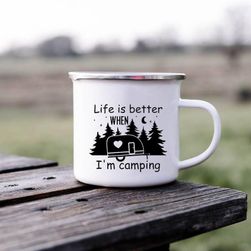Приключението очаква къмпинг чаши Щастливи къмпингари Campfire чаша Емайл къмпинг чаши на открито Campervan кафе дръжка чаша Camper Van подарък SS_1005003633679119