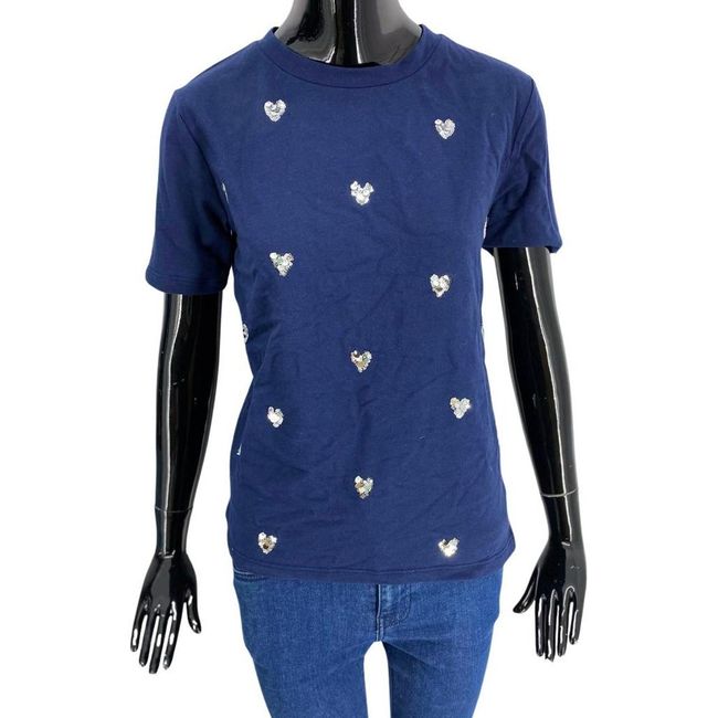 Дамска тениска с къс ръкав, ETAM, тъмносин цвят, украсена със сърца от пайети, размери XS - XXL: ZO_713729dc-b430-11ed-89c2-8e8950a68e28 1