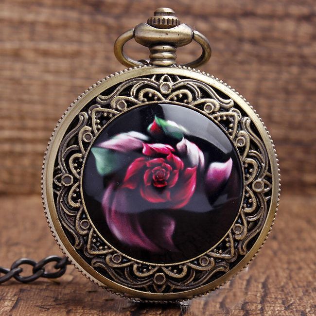 Kapesní cibulové hodinky s rudou růží 1