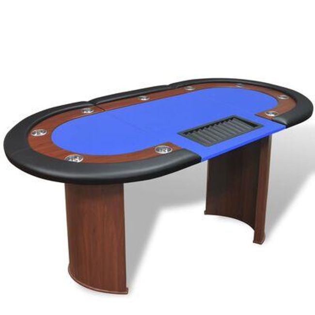 Pokerový stůl pro 10 hráčů, zóna pro dealera + držák na žetony, modrý ZO_80385-A-B 1