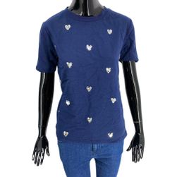 Дамска тениска с къс ръкав, ETAM, тъмносин цвят, украсена със сърца от пайети, размери XS - XXL: ZO_713729dc-b430-11ed-89c2-8e8950a68e28