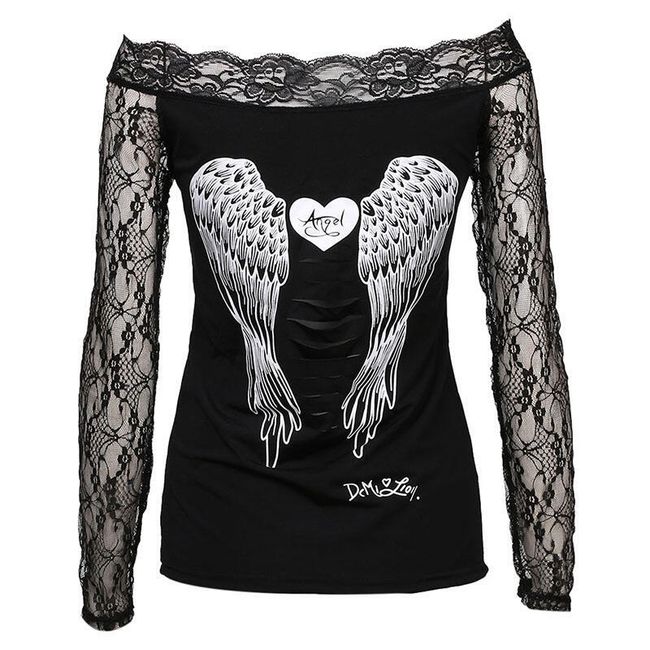 Damska koszulka ze skrzydłami anioła i długimi koronkowymi rękawami 1