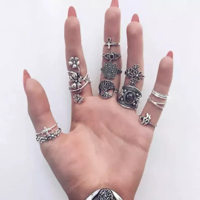 Tocona 14pcs/Set Vintage Antique Silver Color Ring pentru femei Rose Sunflowers Crucea Geometric Bohemia Bijuterii 4кольцо 6391 SS_32895042532 1