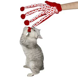 Rękawiczki z pomponami do zabawy z kotem - czerwone
