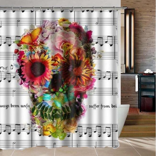 Sprchový závěs - květinová lebka s hudební dekorací 1