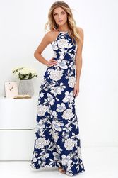 Maxi květinové letní šaty v modré barvě