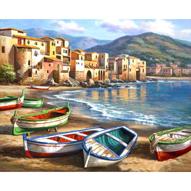 Obraz DIY do kolorowania - łódki na plaży 1