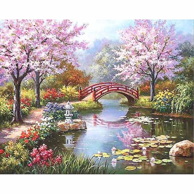 Set tablou DIY pictura dupa cifre - peisaj cu pod peste apa 1