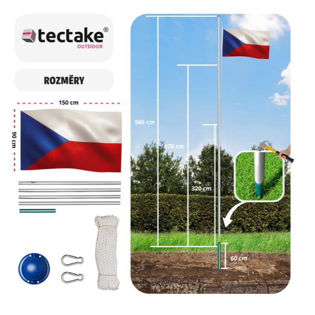 Hliníkový stožár s vlajkou, výškově nastavitelný Česko ZO_402858 1