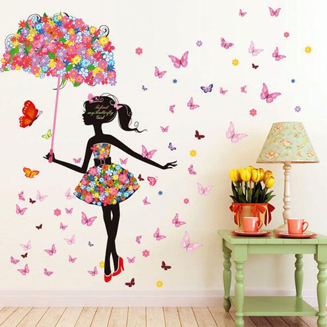 Samolepka na zeď - dívka s květinovým deštníkem 1