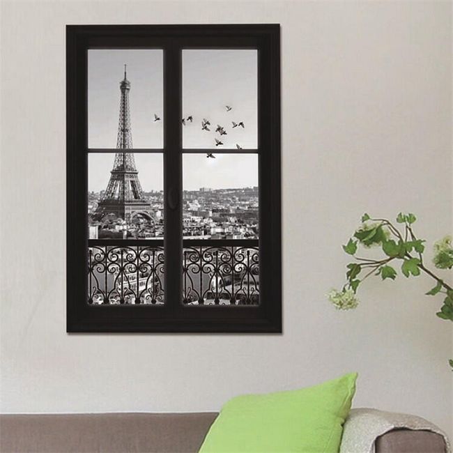 3D stenska nalepka - črno-belo okno s pogledom na Pariz 1
