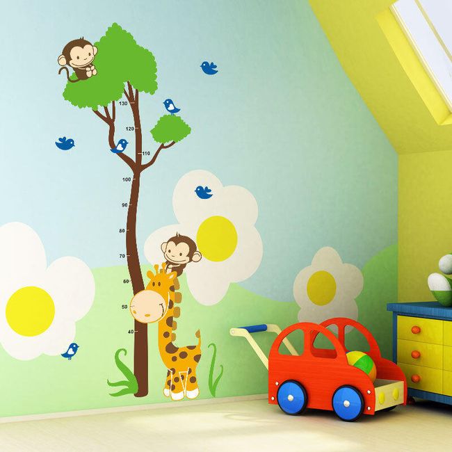 Samolepka na zeď - Dětský metr s žirafou a opičkami 1