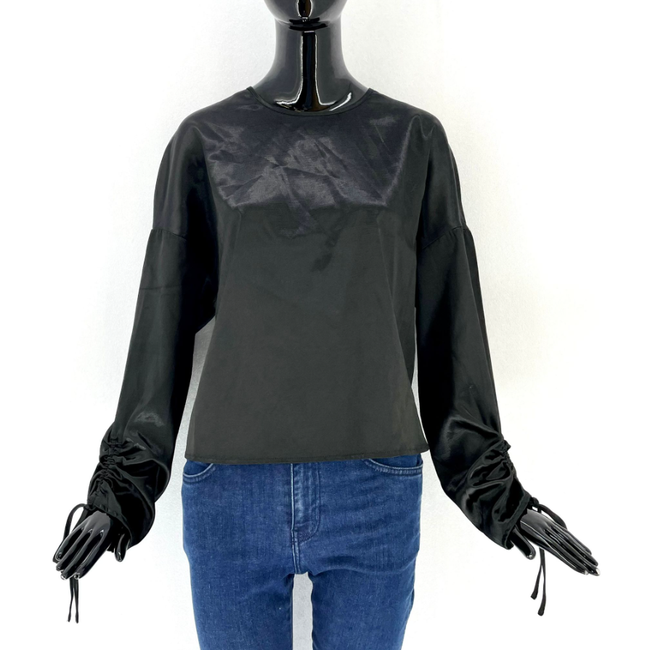 Ženska svetleča bluza z naborkimi rokavi – črna, velikosti XS – XXL: ZO_f4053c56-2442-11ed-ac2b-0cc47a6c9c84 1