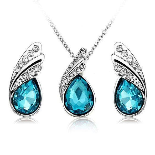 Sada náhrdelníku a náušnic s kamínky ve tvaru slzy Světle modrá 1