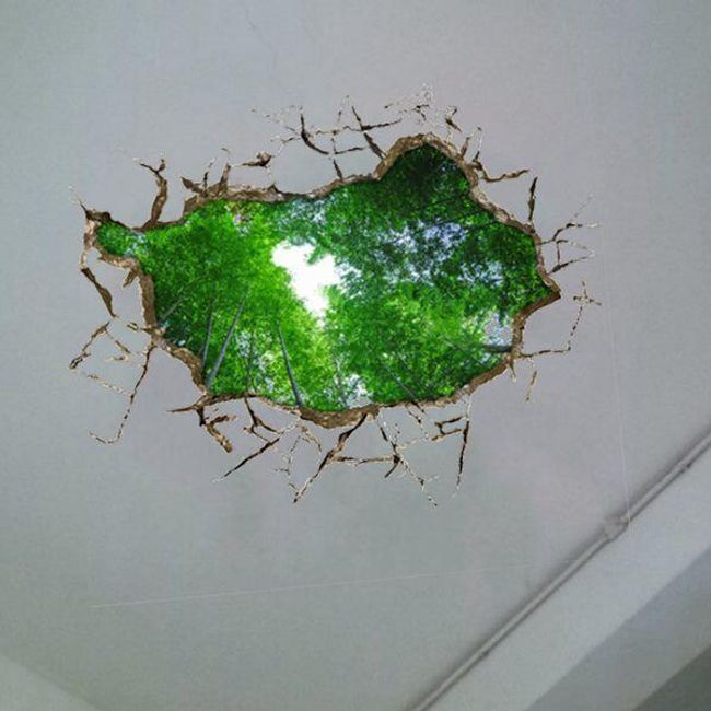 3D samolepka na stenu - otvor v stene s pohľadom na stromy 1