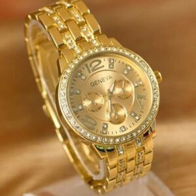 Luxusní hodinky GENEVA s čirými kamínky - zlatá barva 1