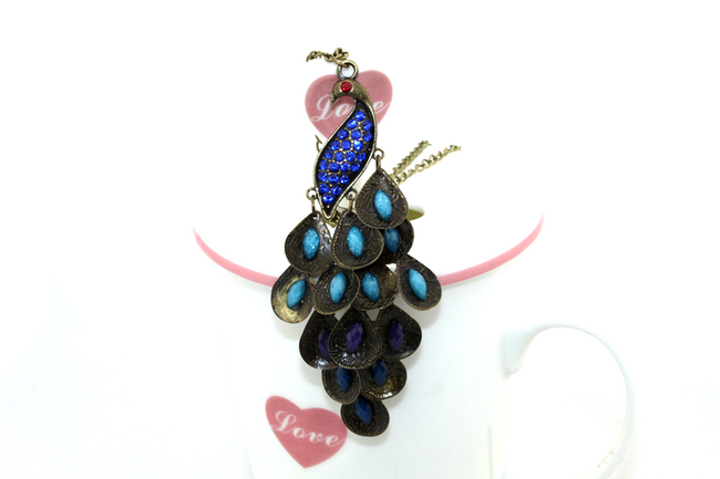 Vintage náhrdelník s přívěskem páva - tmavě modrá 1
