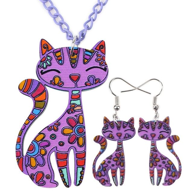 Vesel komplet uhanov in ogrlice z mačkami - različne barve 1