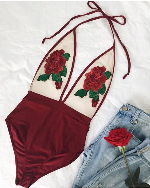 Costum de baie sexy cu broderie de trandafiri - 2 culori 1