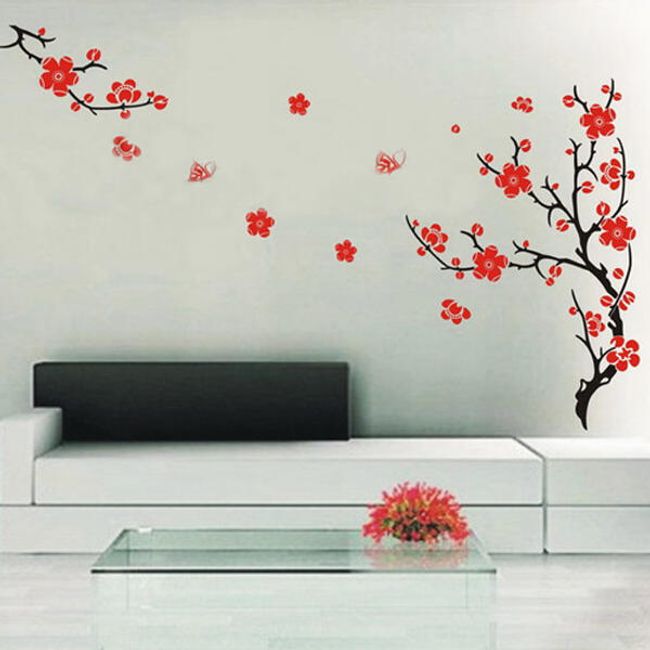 Стикер за стена - дърво с червени цветя  1