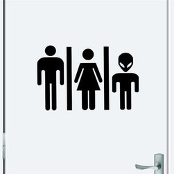 Autocolant amuzant oentru toaletă - bărbat, femeie și extraterestru