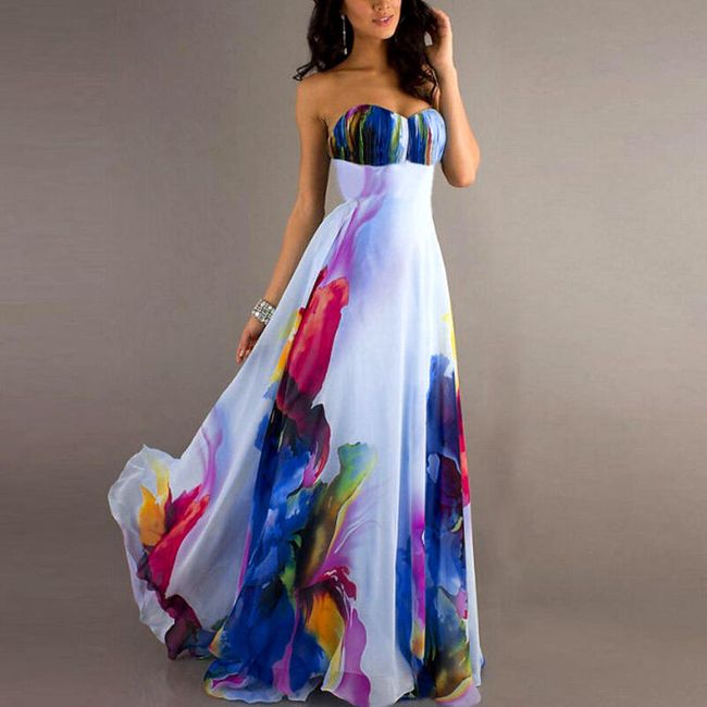 Дамска рокля без рамена с цветен мотив 1