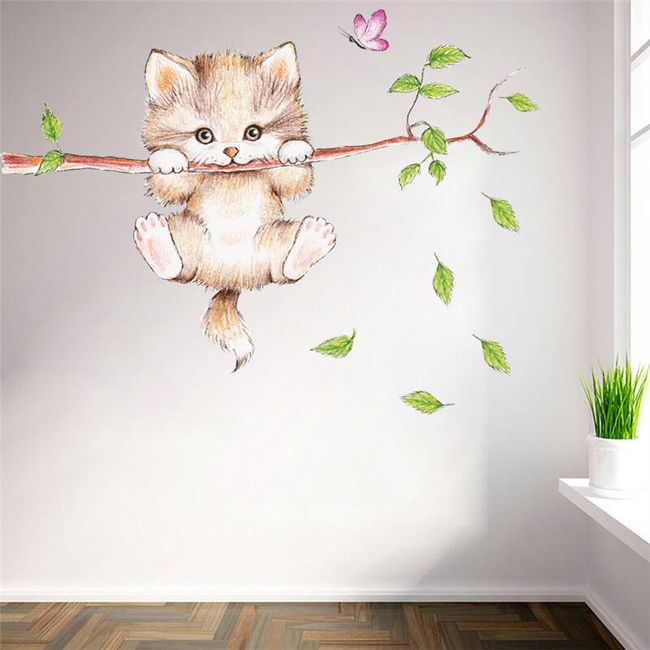 Samolepka na zeď - Kotě na větvi 1