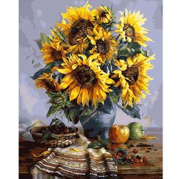 Bezrámový nedokončený obraz 40 x 50 cm - Váza se slunečnicemi
