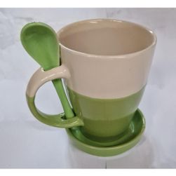 Kubek ceramiczny z łyżeczką i wielofunkcyjną pokrywką, biało-zielony ZO_64460-590