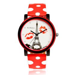 Dámské hodinky s Eiffelovkou a puntíkovaným páskem