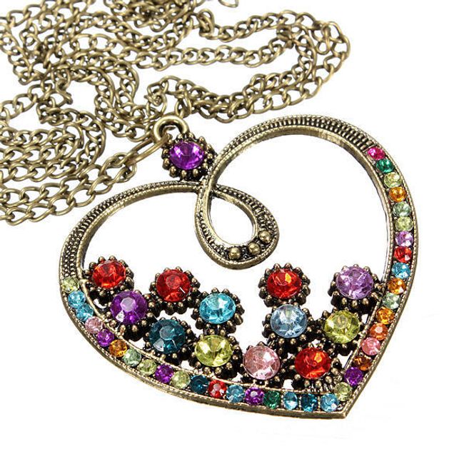 Vintage náhrdelník s přívěskem ve tvaru srdce a barevnými kamínky 1