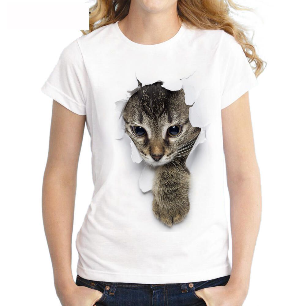 T-shirt damski z nadrukiem 3D kota - 6 kolorów