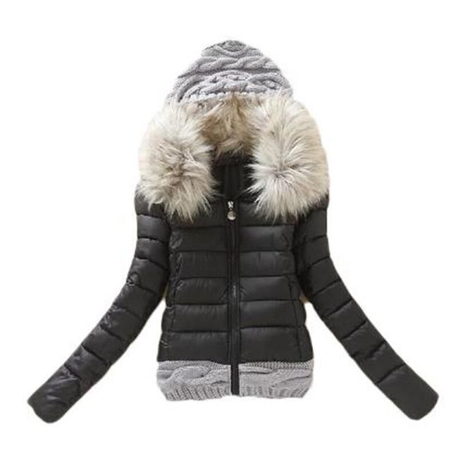 Zimní bunda s kožešinovým límcem a úpletem - Černá-velikost č. 3 1