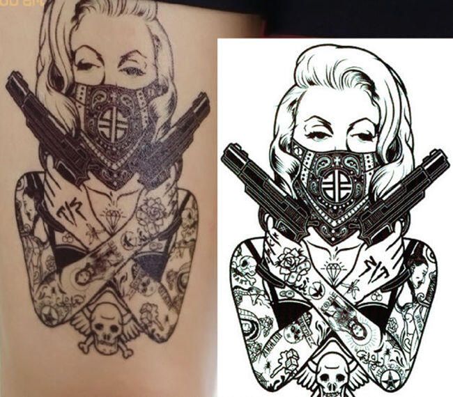 Tatuaj Temporar Femeie Cu Pistol Shipgratis Ro