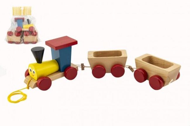 Vlak + 2 vagóniky drevo ťahacie farebný celková dĺžka 43cm v sáčku RM_16004011 1