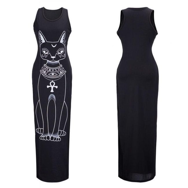 Дамска дълга рокля с печат на египтска котка - Черен цвят - размер S/M 1