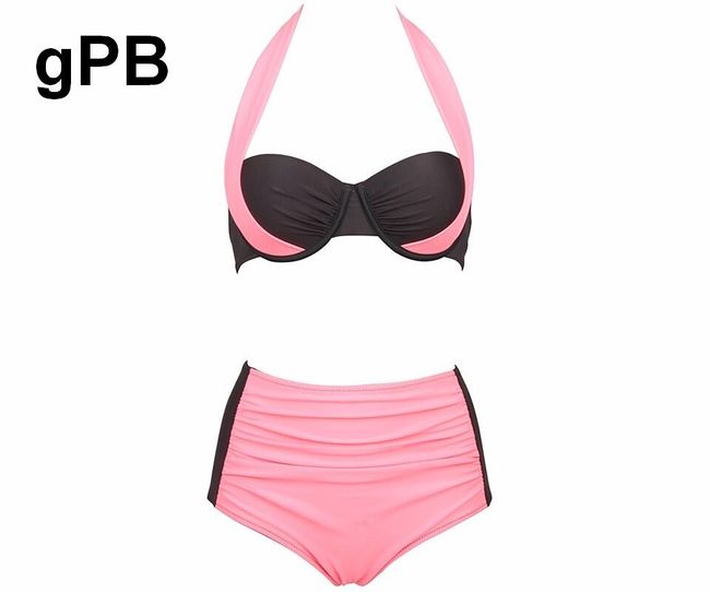 Dámské dvoudílné plavky s vysokým pasem a push-up efektem - černé se světle růžovou varianta gPB, velikost 7 1