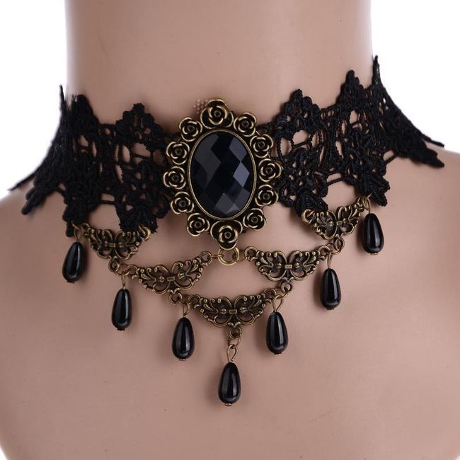 Ogrlica u gotskom stilu sa kamenom - crni 1