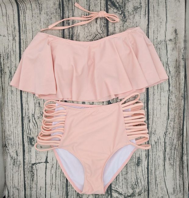 Bikiny S Vysokym Pasem A Volanky V Pudrove Barve Velikost 2 5