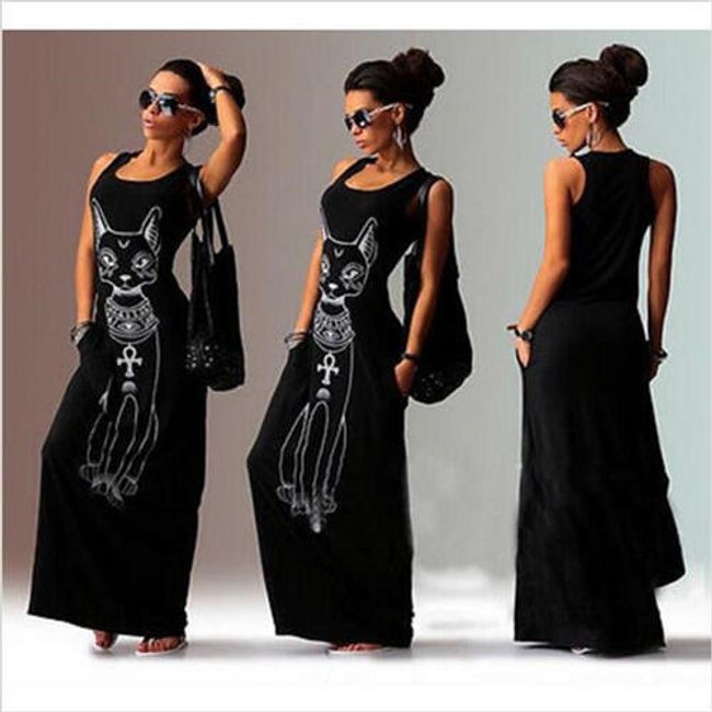 Maxi šaty s potiskem kočky - Černá-velikost č. 4 1