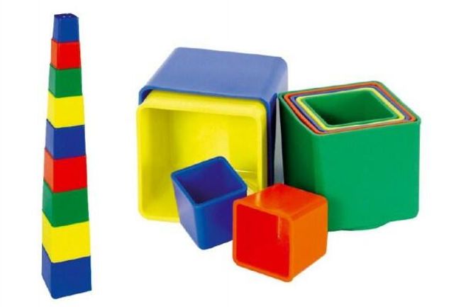 Kubus pyramída skladačka hranatá plast asst 4 farby 9ks v sáčku 9x9x9cm 12m + RM_48000715 1