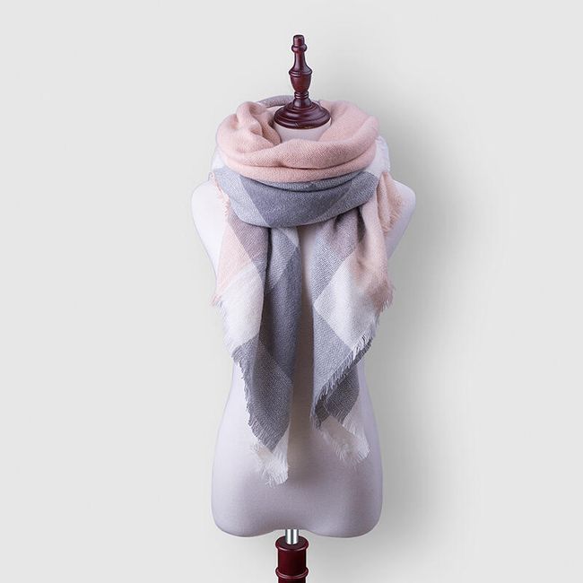 Тънък кариран шал в розово-сиво 1