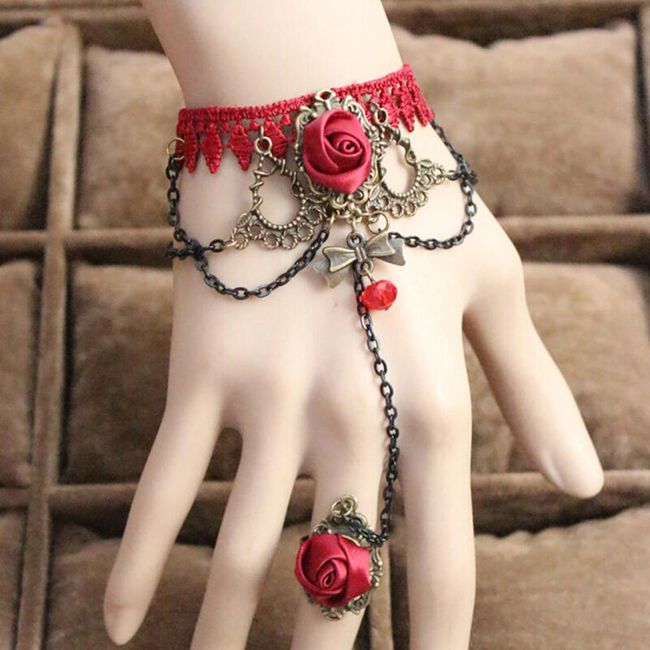 Gotický náramek s prstýnkem - Červená růže 1