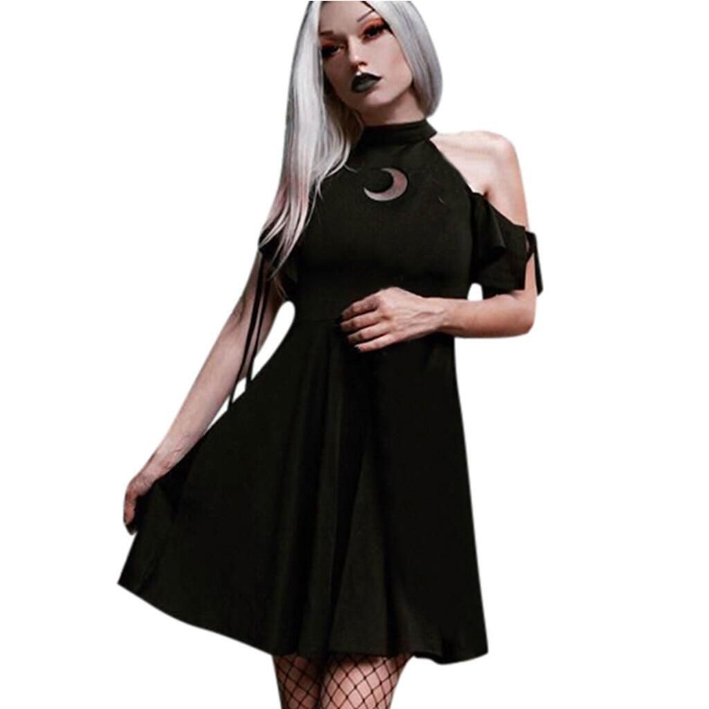 Women Dress 2019 Womens Fashion Gothic Style Punk Black Retro Off Shoulder Moon Hollow Out Dress Party Dress Vestidos Plus Size