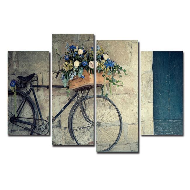 Tablou Vintage Din 4 Panze Motiv Bicicletă Cu Flori Shipgratis Ro