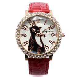 Дамски часовник с котка и кристали - 5 цвята