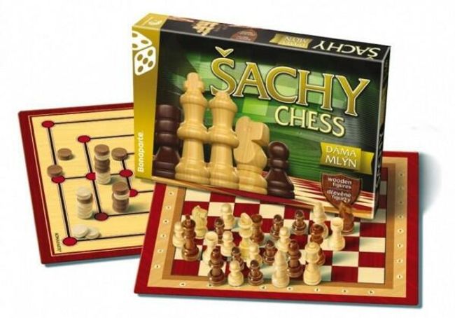 Šach, dáma, mlyn drevené figúrky a kamene spoločenská hra v krabici 35x23x4cm RM_26004644 1